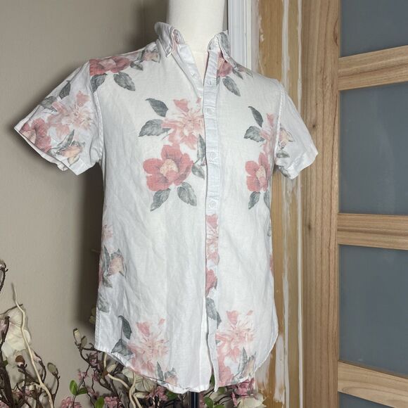 Denim & Flower Other - Denim & Flower Mens Small Floral Print Button Up Short Sleeve Shirt Linen Blend